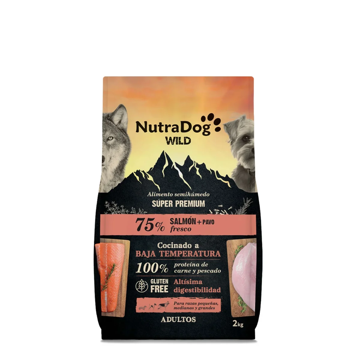 Pienso natural para perros semi húmedo sin cereales Nutradog Wild salmón y pavo 2 kg - Imagen 2