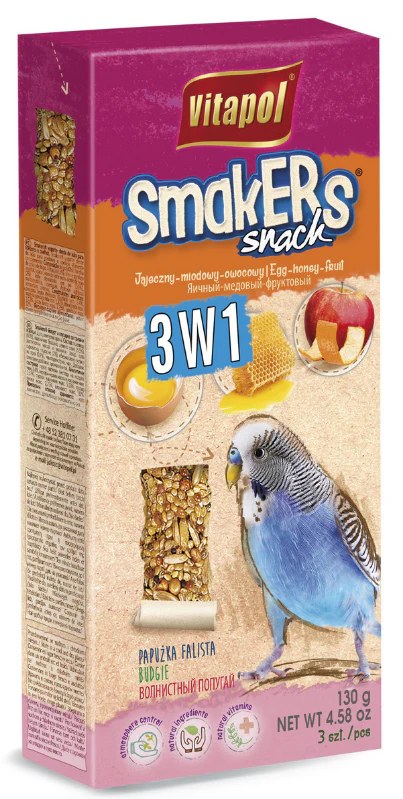 Vitapol Smakers 3 en 1 para Periquitos 130g – Barritas de huevo, miel y fruta - Imagen 2